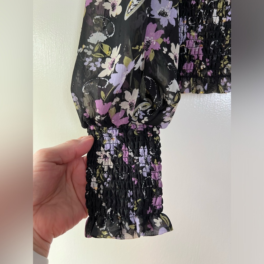 ASTR Floral Blouse Long Sleeve Ruffle Shoulder Black Purple Green Semi Sheer Med - Picture 8 of 14